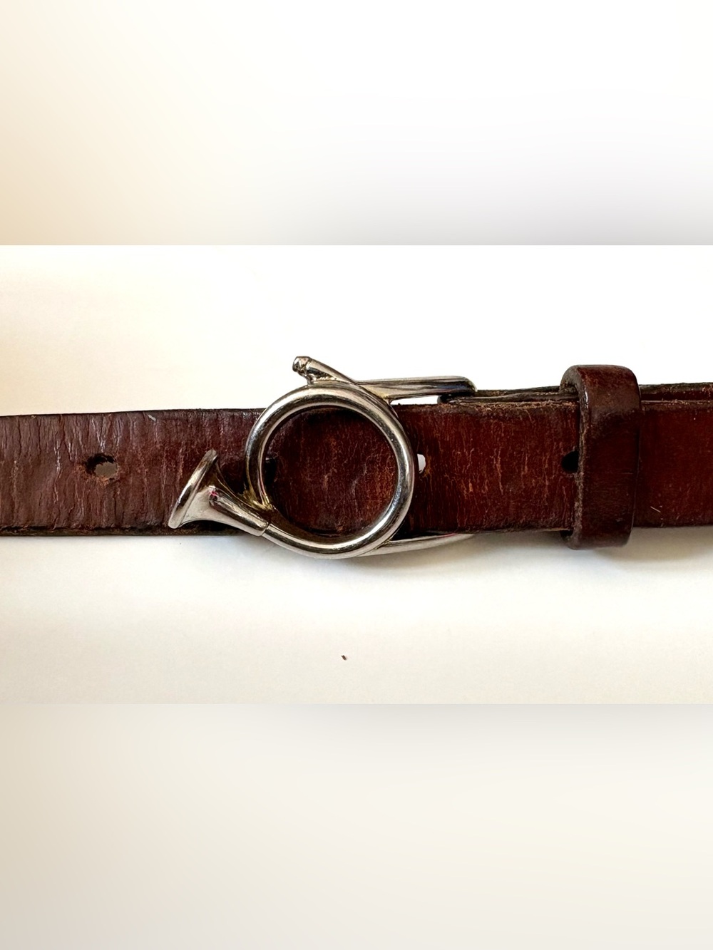 Vintage Lady Canterbury Thin Brown Leather Equestrian Belt W/Hunt Horn Buckle 28